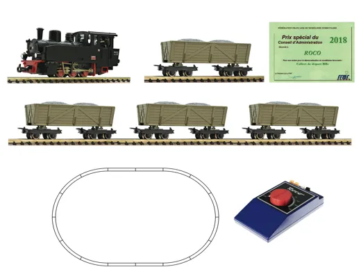 H0e Analog Start Set: Feldbahndampflokomotive mit Lorenzug