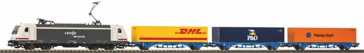 Start-Set mit Bettung TRAXX RENFE mit 3 Containertragwagen