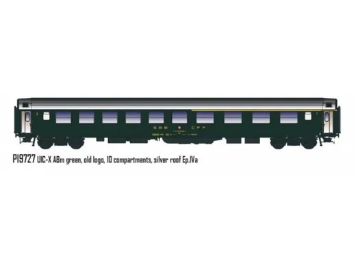 UIC-X RIC ABm 1/2'cl grün, altes Logo, 10 Abteile, silbernes Dach, SBB Ep.IVa neue Nummer