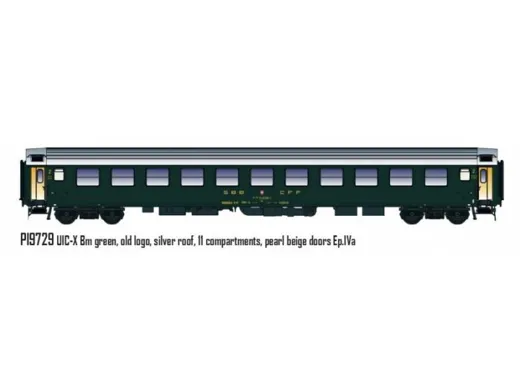 UIC-X RIC Bm 2'cl grün, altes Logo, 11 Abteile, silbernes Dach, Perlentüren, SBB Ep.IVa neue Nummer